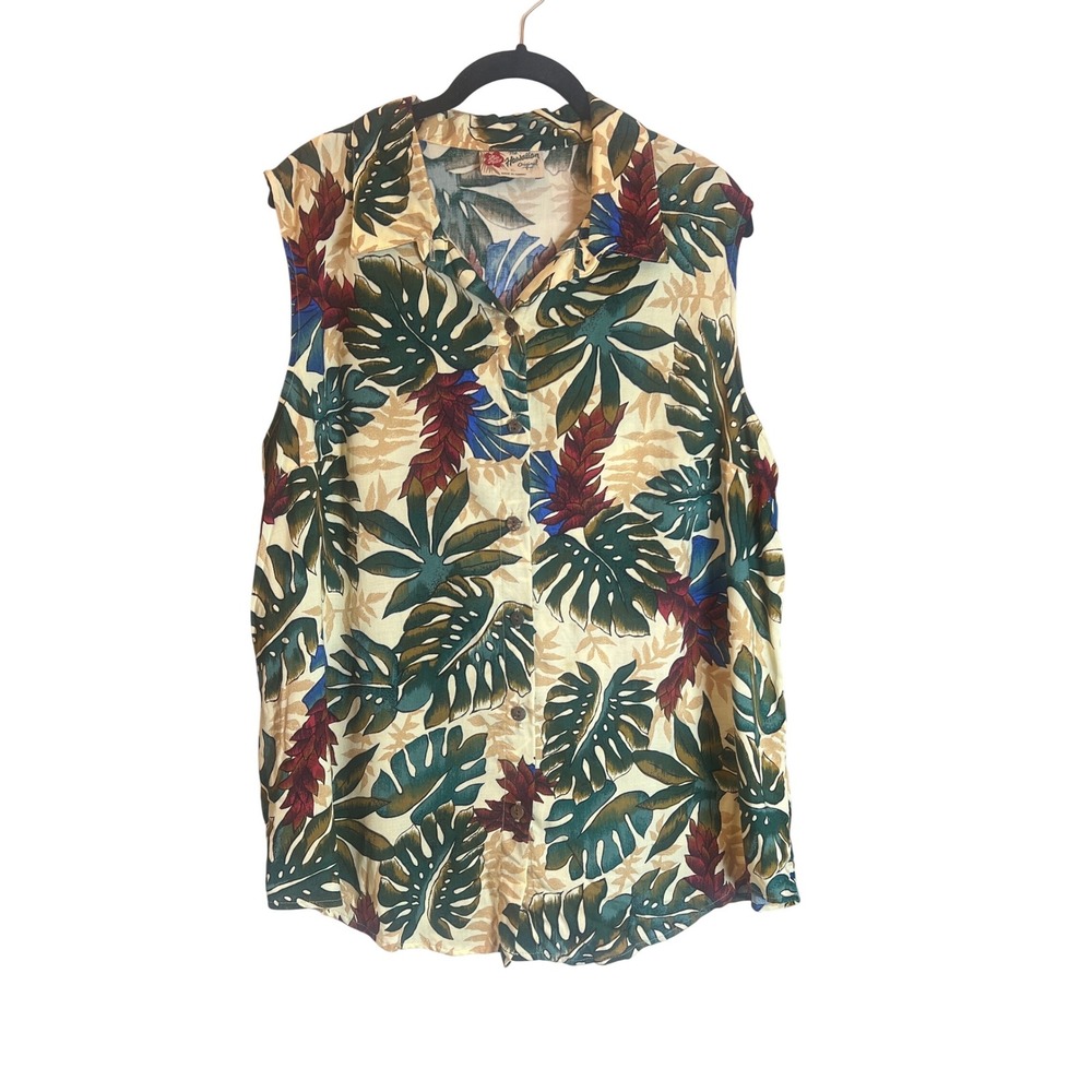 Hilo Hattie Womens XL Hawaiian Shirt Sleeveless Monstera Tropical Rayon Aloha